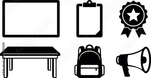 Minimalist black icons set including rectangular tablet clipboard star ribbon table backpack and megaphone isolated on white background