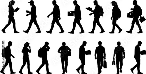People walking silhouettes collection, men and women walking poses, urban pedestrian characters, human movement vector set isolated