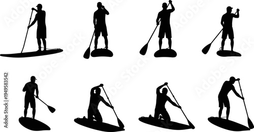 Stand up paddleboarding silhouettes set, SUP surfer paddling poses, water sport athlete vector collection isolated on white background