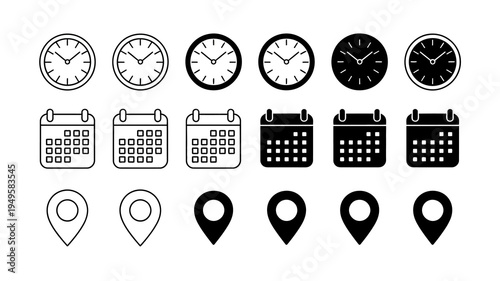 A collection of black and white line art icons depicting clocks calendars and location pins arranged in distinct rows high quality professional detailed modern elegant stylish
