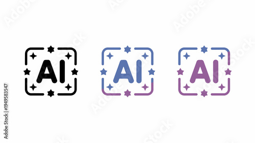 Three variations of an ai logo are presented each enclosed in a square frame decorated with stars and featuring the letters ai high quality professional detailed