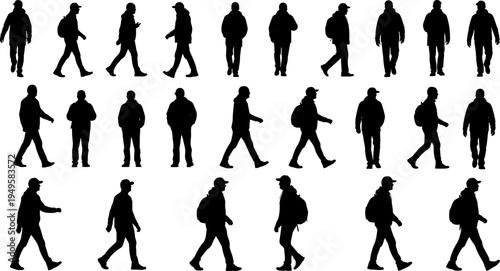 Walking men silhouettes collection, casual male pedestrians with backpack poses, urban walking people vector set isolated on white background