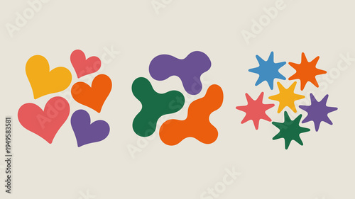 A colorful arrangement of abstract shapes hearts stars and amoebas are displayed against a pale beige background high quality professional detailed modern elegant stylish clean crisp