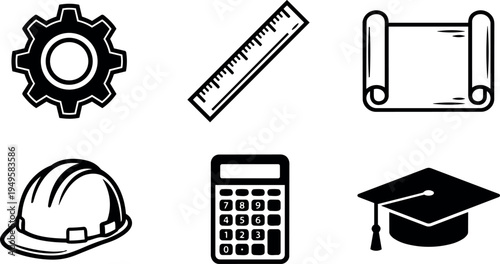 Black and white vector icons of gear ruler blueprint hard hat calculator and graduation cap education and engineering design symbols