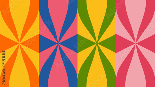 A vibrant composition of four panels displays radiating curved lines in distinct colors yellow pink blue and green high quality professional detailed modern elegant stylish clean