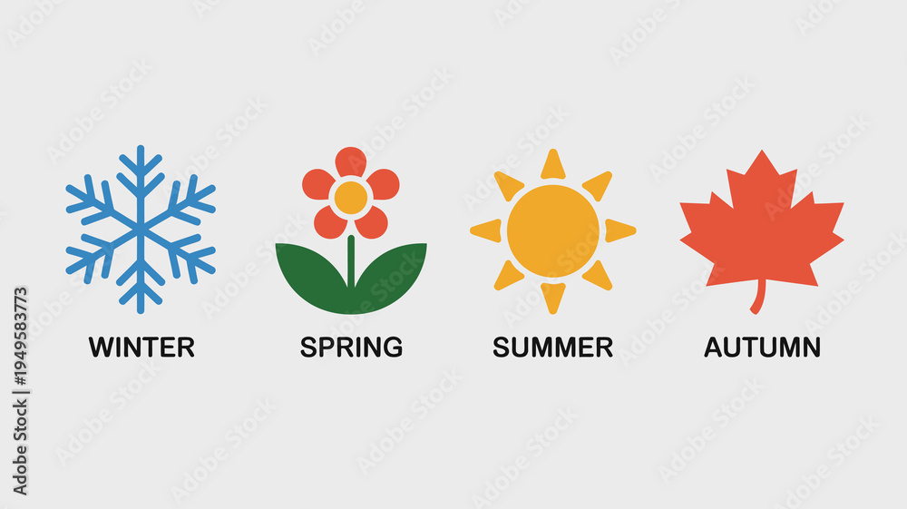 Obraz premium A colorful illustration depicts symbols representing the four seasons winter spring summer and autumn with text labels high quality professional detailed modern elegant stylish clean crisp