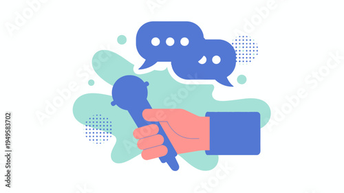 A hand holding a microphone with speech bubbles in the background representing communication and broadcasting concepts high quality professional detailed modern elegant stylish clean crisp vibrant