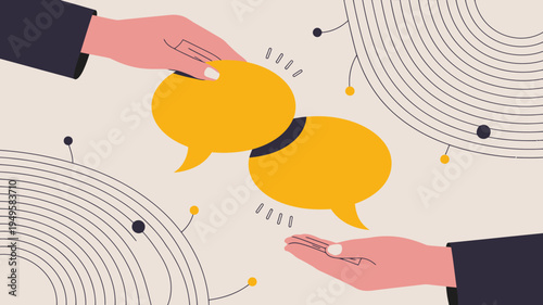 An illustration depicts two hands offering and receiving a small yellow object between interconnected speech bubbles high quality professional detailed modern elegant stylish clean crisp vibrant