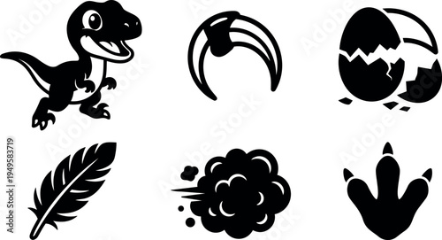Cute smiling baby dinosaur standing with claws eggs feather and explosion icons set vector art black silhouette collection