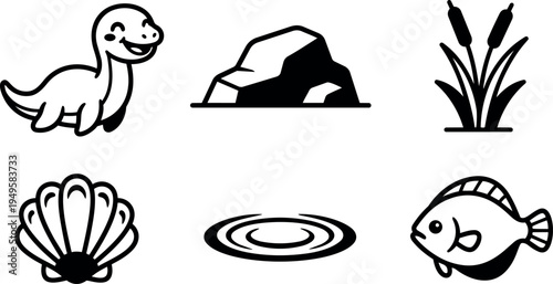 Playful smiling dinosaur with pond rock reeds shell and fish vector icons black simple style