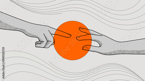 An artistic rendering depicts two hands nearly touching an orange sphere evoking a sense of connection and potential energy high quality professional detailed modern elegant stylish
