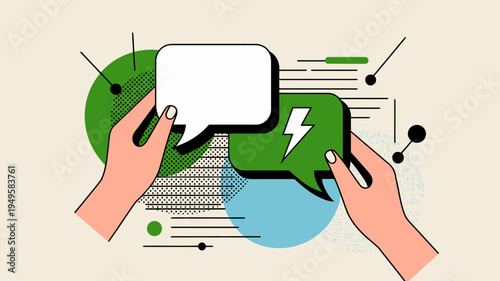 An illustration depicts two hands holding overlapping speech bubbles with a lightning bolt representing communication and energy high quality professional detailed modern elegant stylish clean crisp