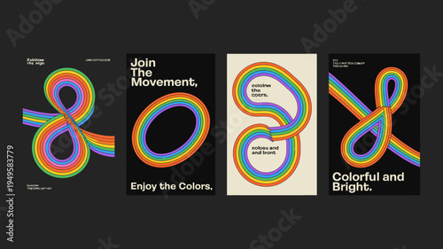 A collection of four vibrant posters featuring colorful abstract looping ribbon designs and promoting inclusivity high quality professional detailed modern elegant stylish clean crisp digital creative