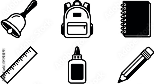 Black and white flat design school supplies icons including bell backpack notebook ruler glue and pencil set