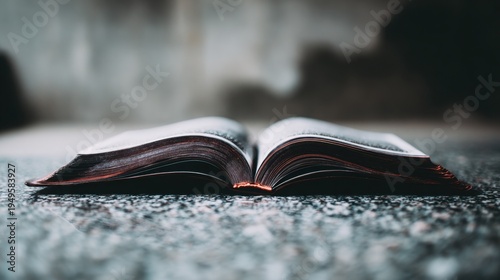 An open debossed hardbound journal with blank pages rests on a textured gravel surface, inviting personal reflection and creative expression.