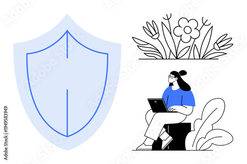 Digital security concept. Shield data protection, combined with floral and productivity elements. Digital security is vital for safe online interactions. For tech, nature, education, creativity