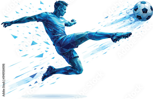Dynamic blue soccer player kicking ball with speed effect, vector illustration for sports marketing and design
