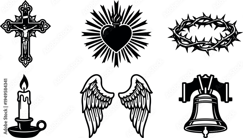 Naklejka premium Sacred religious symbols including crucifix with jesus shining sacred heart with flames crown of thorns candle wings and bell vector art