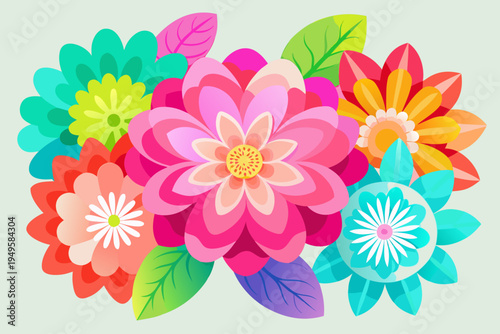 Assorted bright tropical-style flowers with large centers and leaves form a cheerful arrangement on a pale, neutral background suitable for greeting cards.