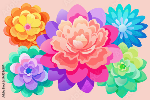 An assortment of vividly colored, layered blossoms featuring intense magenta, coral, and purple petals creates a dramatic focal point against a pale backdrop.