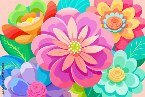 Vibrant cluster of stylized paper flowers in shades of pink, purple, teal, and orange dominates the frame with rich color saturation.