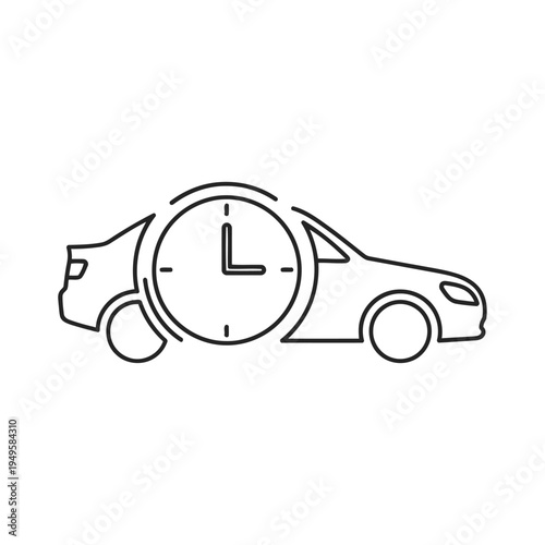 A car drives quickly with a clock on its side showing late time.