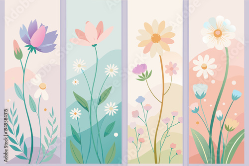 A set of four tall, narrow bookmarks features stylized wild daisies and large blossoms in muted lavender, peach, and creamy yellow tones against soft backgrounds.