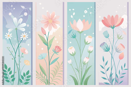 Four separate artistic renderings of wildflowers are presented side-by-side on vertical stripes using soft contrasting colors ideal for digital backgrounds or greeting cards.