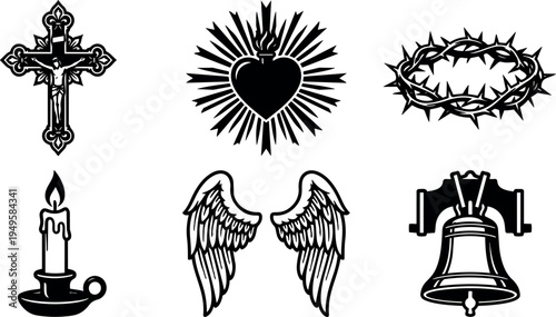 Sacred religious symbols including crucifix with jesus shining sacred heart with flames crown of thorns candle wings and bell vector art