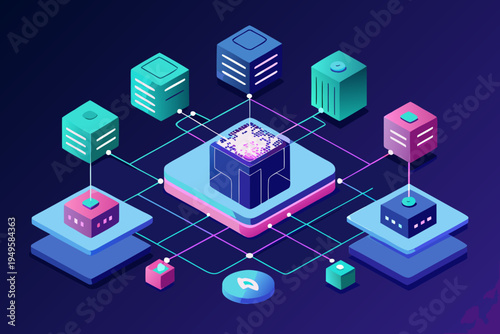 Isometric digital illustration depicts a centralized glowing data core connected by glowing lines to surrounding server blocks for decentralized network concept.