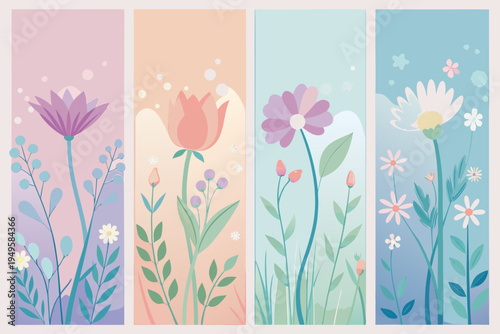 Four vertical banners feature stylized pastel colored blossoms and foliage against soft background gradients depicting the freshness of spring.