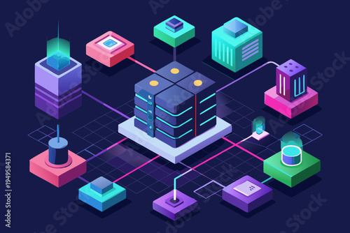 Central data hub utilizes isometric blocks and glowing lines representing distributed information storage and secure access points in a futuristic setting.