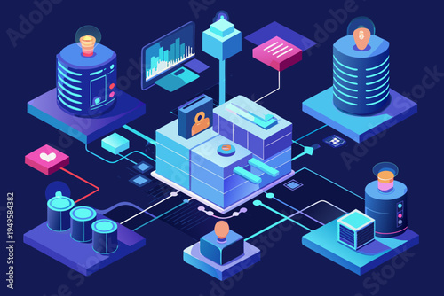 Centralized server architecture depicts network security connections and digital data flow among connected user nodes against a dark background.
