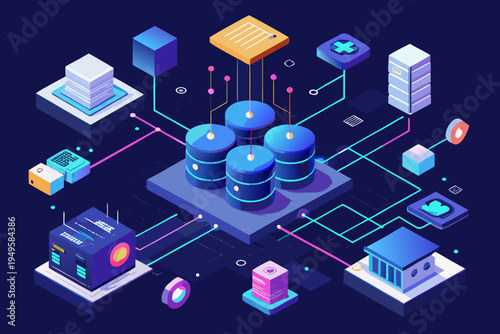 Clustered database cylinders act as core storage connected to various processing units and abstract modules illustrating complex distributed ledger technology architecture.