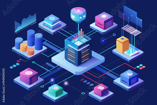 Centralized data hub displays glowing analytics graphs and stacked cylinder storage units connected to surrounding modular nodes via glowing data transfer lines.
