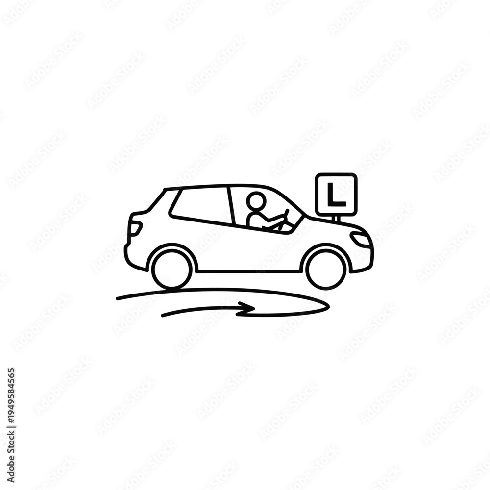 Obraz premium Person driving car with L sign on road curve