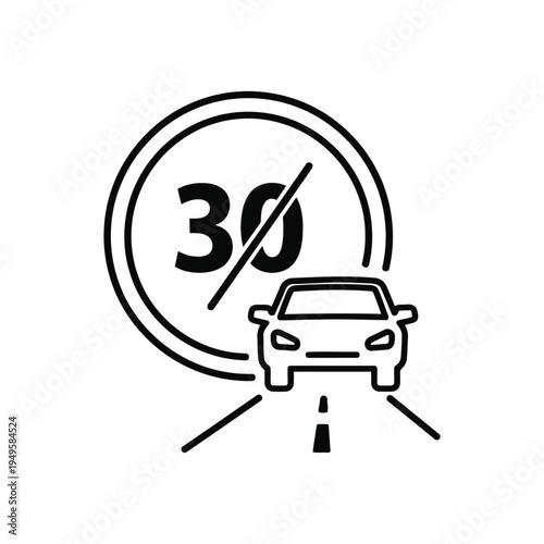 A car drives under a speed limit sign on a road