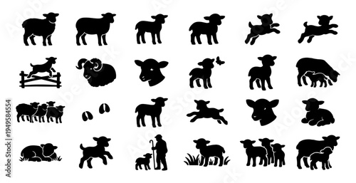 Sheep and Lamb Silhouette Set – Farm Livestock Animals, Lamb Jumping, Grazing, Ram, Flock, Pastoral Farming Icons