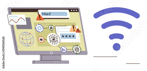 Cybersecurity, internet safety, data protection, online threats, secure login, warning alerts. A monitor shows a password box, warning icons and symbols for threats. Cybersecurity and internet