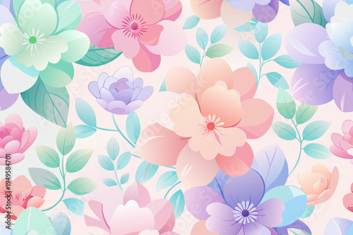 Softly blended pastel floral pattern features abundant stylized blossoms and curling green leaves arranged densely across a pale background design element.