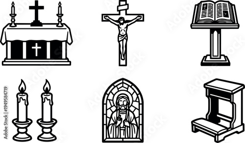 Black and white religious icon set crucifix altar candles bible stand stained glass jesus praying vector art