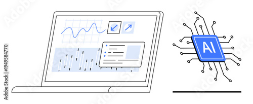 Data science, AI technology, business analytics, machine learning, innovation, digital transformation. Laptop showing data graphs, AI microchip nearby. Data science and AI technology concept