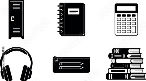 Black and white flat design icons set of school locker spiral notebook calculator headphones pencil case and stacked books vector illustration