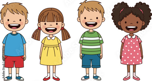 Cute diverse cartoon kids characters set, happy smiling children illustration collection, boys and girls vector playful childhood design