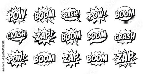 Comic Book Sound Effect Speech Bubble Set, Retro Comic Sound Effect Burst Collection, Bold Comic Book Action Word Explosion Bubble Bundle, Superhero Comic Strip Sound Effect