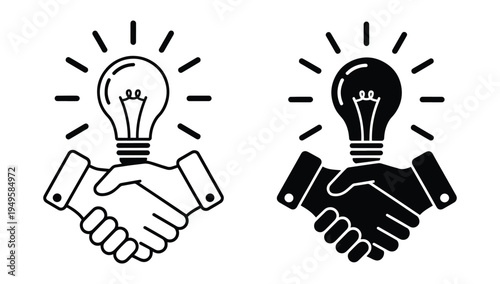 Creative Innovation Handshake Light Bulb Icon, Intellectual Partnership and Bright Idea Collaboration Handshake Icon, Innovation Deal Handshake with Radiant Lightbulb Icon