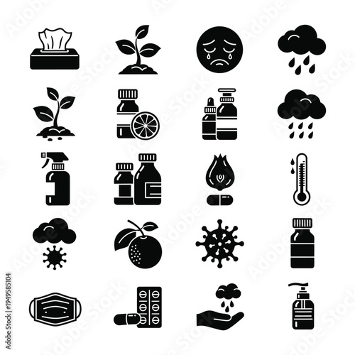 Various health and hygiene icons depicting sickness and medicine in a collection