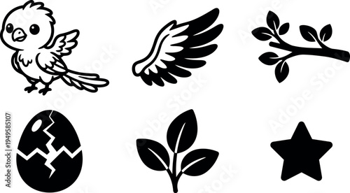 Cute cartoon baby bird with wings and broken egg hatchling nest branch leaf star icons set