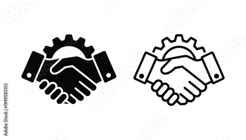 Professional Handshake Gear Symbol, Technical Partnership Handshake with Cogwheel Icon, Strategic Alliance and Mechanical Collaboration Handshake Icon