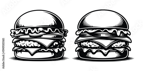 Plain Bun Double Cheeseburger Illustration Pair in Crosshatch Engraving and High Contrast Ink Style with Lettuce, Melted Cheese, Beef Patty, and Sauce
